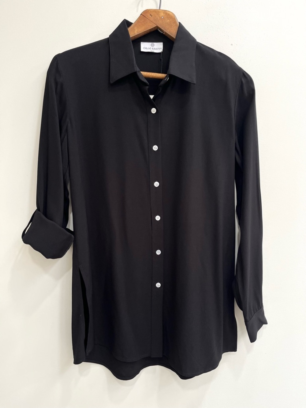 Chloe Kristyn Bettina Button Up Top Black Roll Tab Sleeves Tunic Length Small